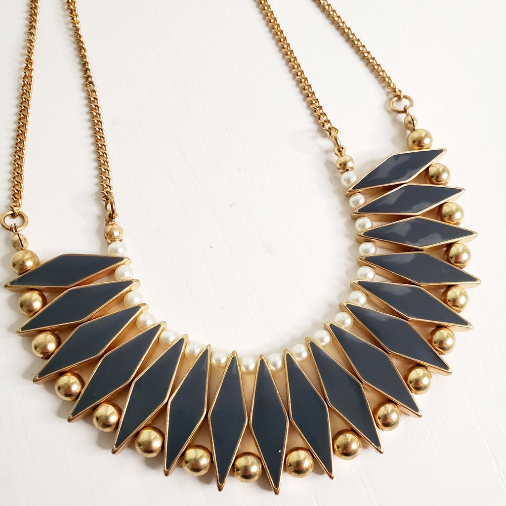 Gold-Tone Necklace with Dark Gray Enamel Chevron Accents